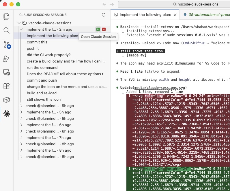 Claude Sessions Explorer - Open session with resume actions