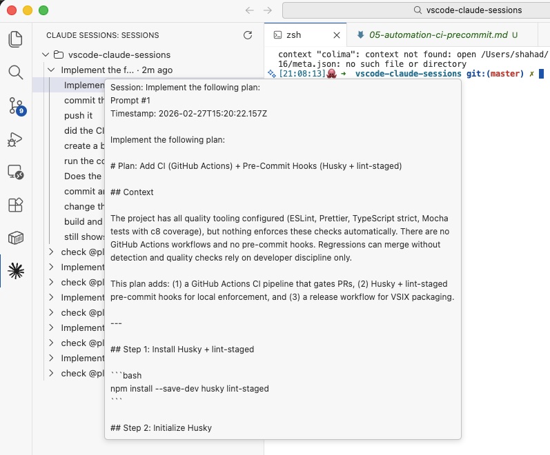 Claude Sessions Explorer - Prompt preview panel